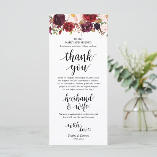 Burgundy Marsala, Platz Einstellung Dankeschön Kar Programm (Stehend Vorderseite)