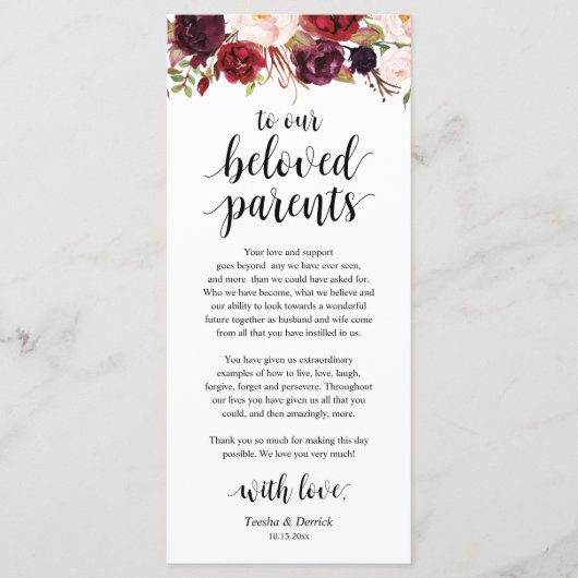 Burgundy Marsala, Platz Einstellung Dankeschön Kar Programm (Vorderseite)