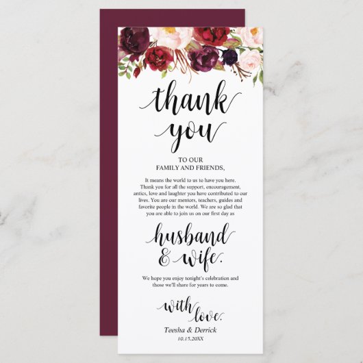 Burgundy Marsala, Platz Einstellung Dankeschön Kar Programm (Vorne/Hinten)