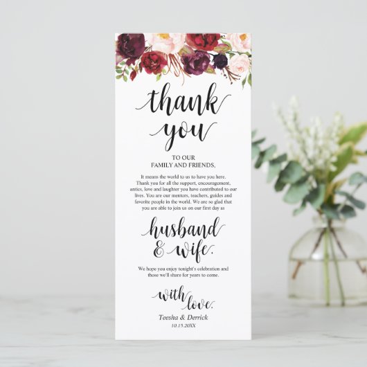 Burgundy Marsala, Platz Einstellung Dankeschön Kar Programm (Stehend Vorderseite)