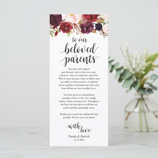 Burgundy Marsala, Platz Einstellung Dankeschön Kar Programm (Stehend Vorderseite)