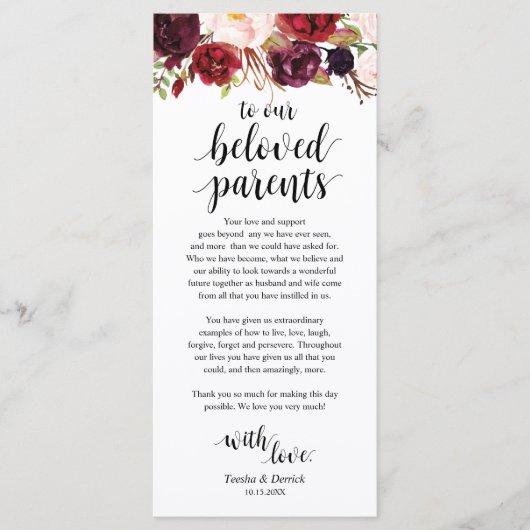 Burgundy Marsala, Platz Einstellung Dankeschön Kar Programm (Vorderseite)