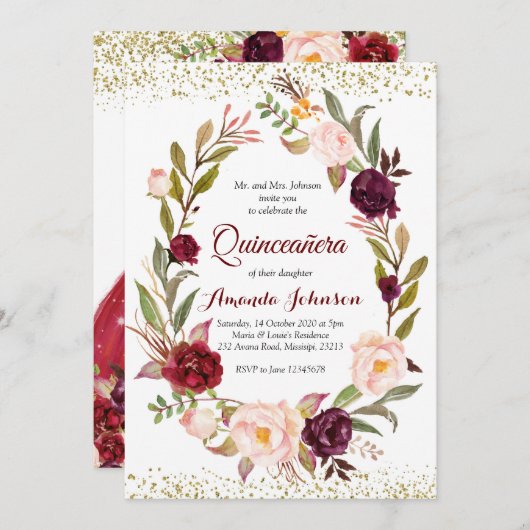 Burgundy Marsala Princess Quinceañera Spanisch Einladung (Vorne/Hinten)