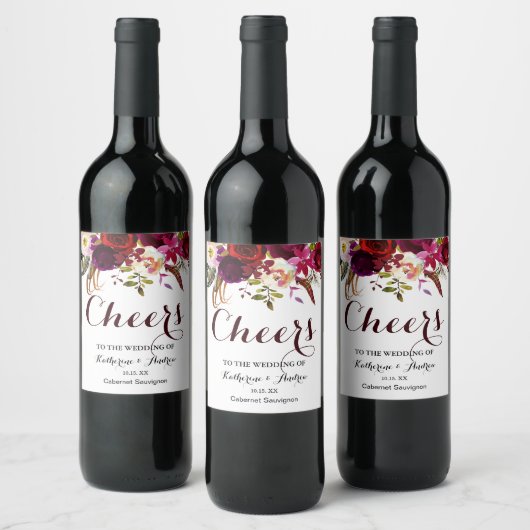 Burgundy Marsala Red Boho Floral Cheers Wedding Weinetikett (Flaschen)