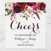 Burgundy Marsala Red Boho Floral Cheers Wedding Weinetikett (Einzelnes Label)