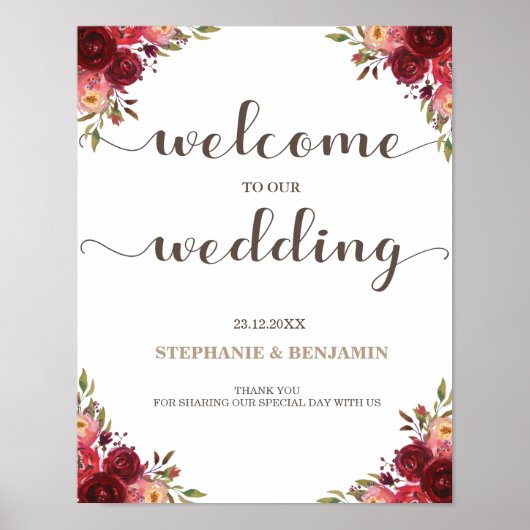 Burgundy Marsala Red Floral Begrüßungszeichen Poster (Vorne)
