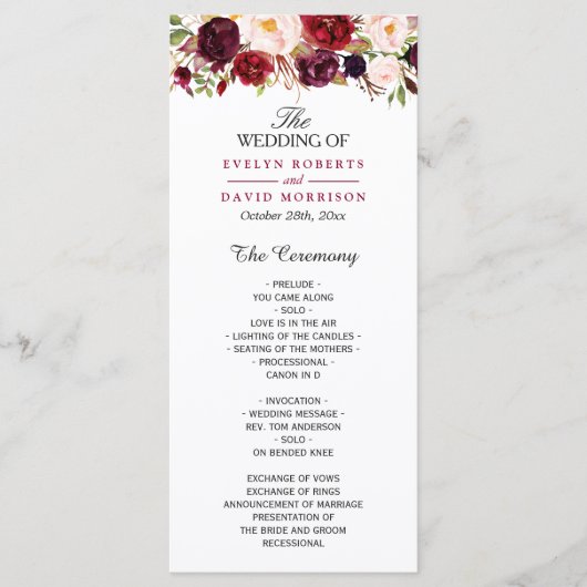 Burgundy Marsala Red Floral Chic Hochzeitsprogramm Programm (Vorderseite)