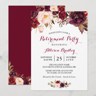 Burgundy Marsala Red Floral Retirement Party Einladung