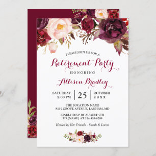 Burgundy Marsala Red Floral Retirement Party Einladung