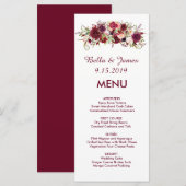 Burgundy Marsala Red Floral Wedding Menu Menükarte (Vorne/Hinten)