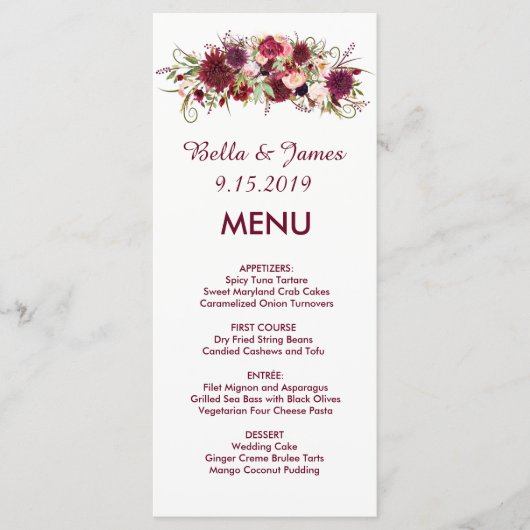 Burgundy Marsala Red Floral Wedding Menu Menükarte (Vorderseite)