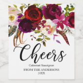 Burgundy Marsala Red Rustic Boho Floral Cheers Weinetikett (Einzelnes Label)