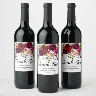 Burgundy Marsala Red Rustic Boho Floral Vielen Dan Weinetikett