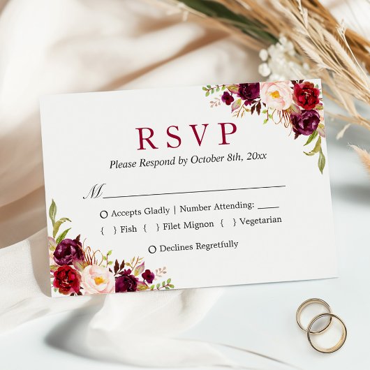 Burgundy Marsala Rote Blumenküche Hochzeit RSVP Karte