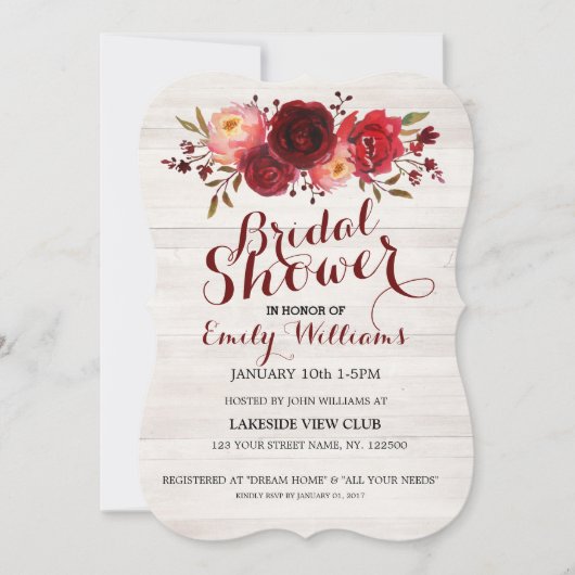 Burgundy Marsala Rote Rosen Blumenkohl Brautparty Einladung (Vorderseite)