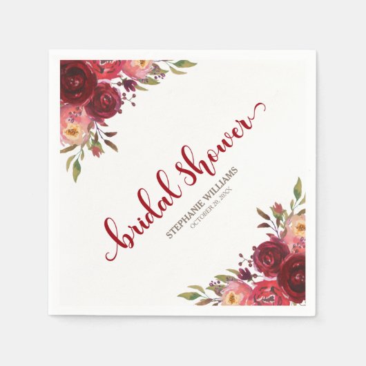 Burgundy Marsala Rote Rosen Blumenkohl Brautparty Serviette (Vorderseite)