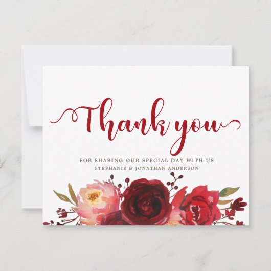 Burgundy Marsala Rote Rosen Floral Vielen Dank Dankeskarte (Vorderseite)