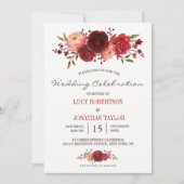 Burgundy Marsala Rote Rosen Floral Wedding Einladung (Vorderseite)