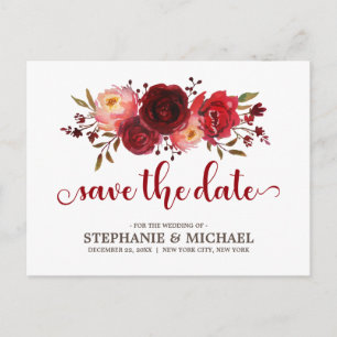Burgundy Marsala Rote Rosen Save the Date Ankündigungspostkarte