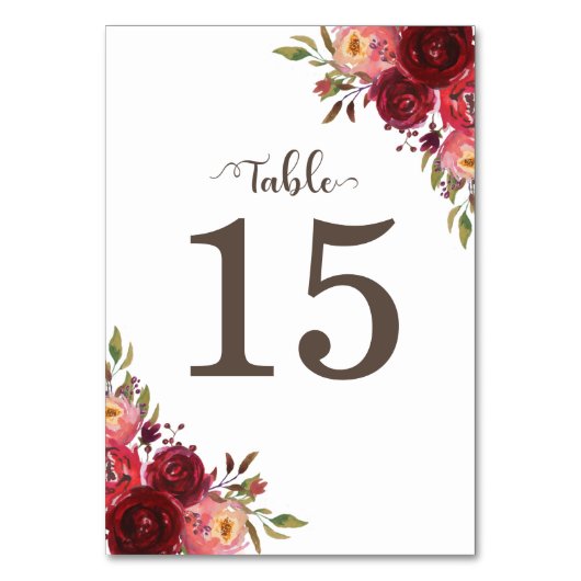 Burgundy Marsala Rote Rosen Tischnummer (Rückseite)