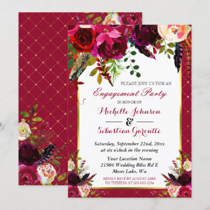 Burgundy Marsala Rustic Floral Engagement Party Einladung