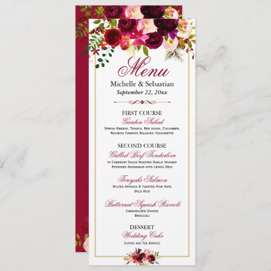 Burgundy Marsala Rustic Floral Wedding Menu Menükarte (Vorne/Hinten)