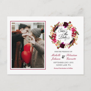 Burgundy Marsala Rustic Foto Floral Save the Date Ankündigungspostkarte