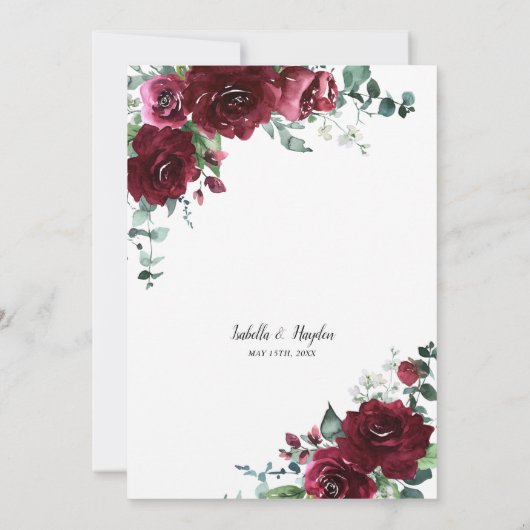 Burgundy Marsala Rustikale Blumengrün Hochzeit Einladung (Rückseite)