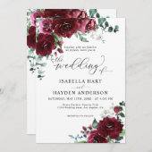 Burgundy Marsala Rustikale Blumengrün Hochzeit Einladung (Vorne/Hinten)