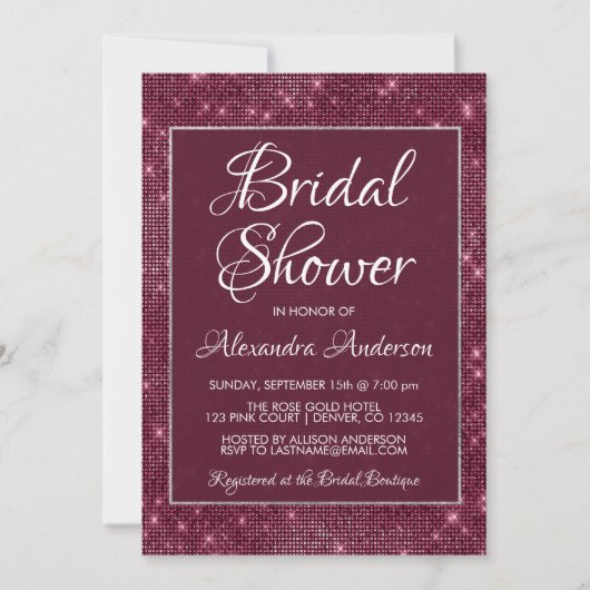 Burgundy Marsala Sparkle Bridal Dusche Einladung (Vorderseite)