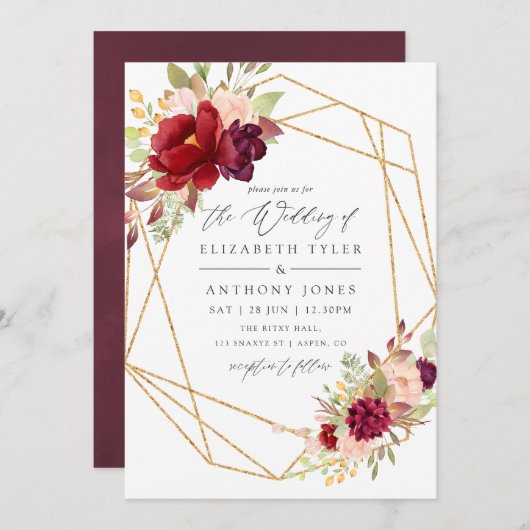 Burgundy-Marsala und Blush Boho Geometric Wedding Einladung (Vorne/Hinten)