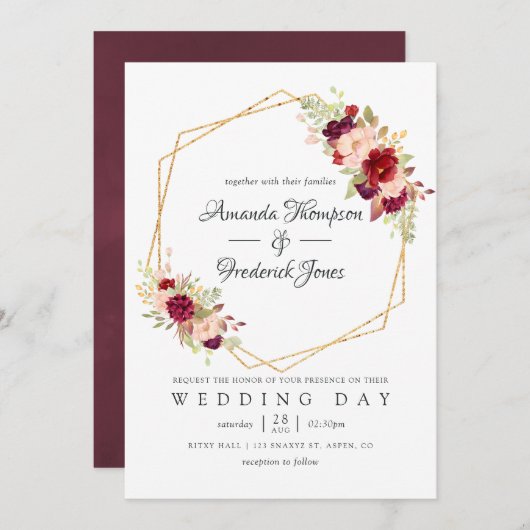 Burgundy-Marsala und Blush Boho Geometric Wedding Einladung (Vorne/Hinten)
