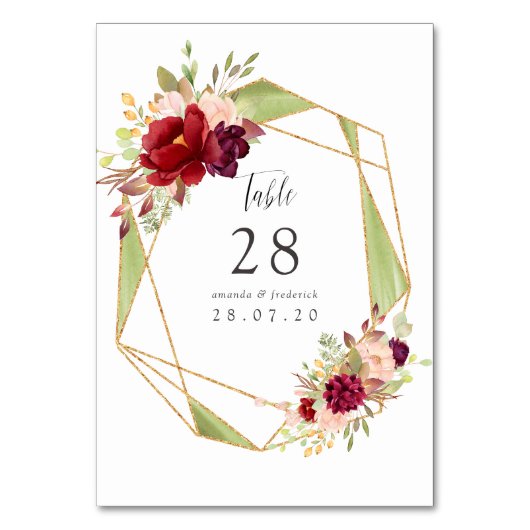 Burgundy-Marsala und Blush Boho Geometric Wedding Tischnummer (Rückseite)