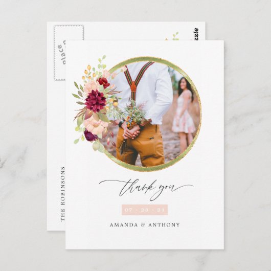 Burgundy-Marsala und Blush Wedding Foto Vielen Dan Postkarte (Vorne/Hinten)