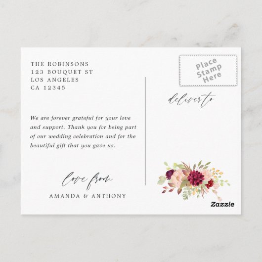 Burgundy-Marsala und Blush Wedding Foto Vielen Dan Postkarte (Rückseite)