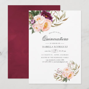 Burgundy - Marsala und Pfirsich Floral Quinceañera Einladung