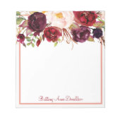 Burgundy Marsala Wasserfarbenfloral personalisiere Notizblock (Vorderseite)