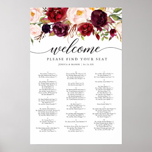 Burgundy Marsala Wedding Seating Chart Sign Poster (Vorne)