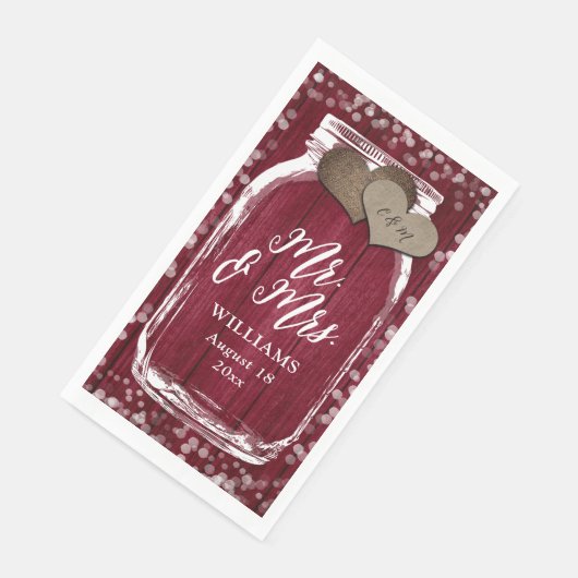Burgundy Mason Jar Barn Wood Mr & Mrs Wedding Serviette (Ecke)