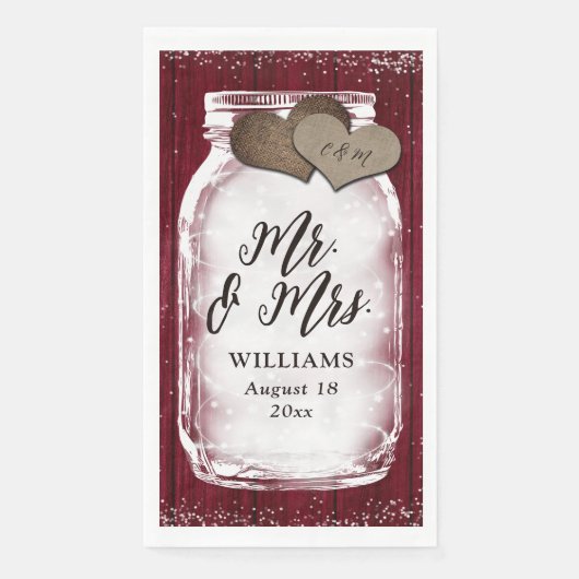 Burgundy Mason Jar Barn Wood Mr & Mrs Wedding Serviette (Vorderseite)
