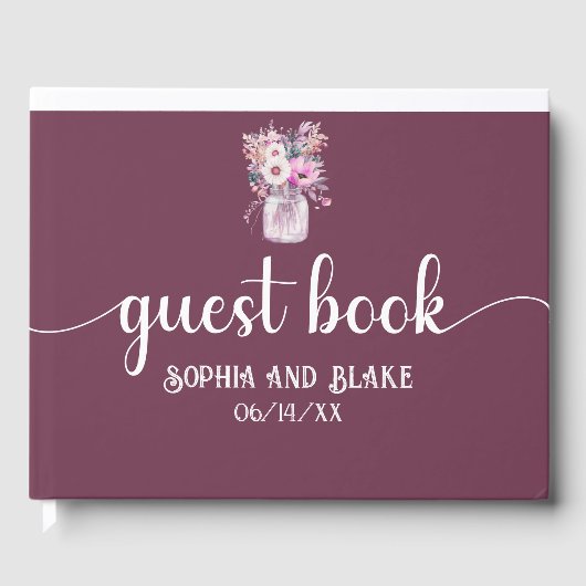 Burgundy Mason Jar mit Blume Hochzeit Gästebuch (Vorderseite)