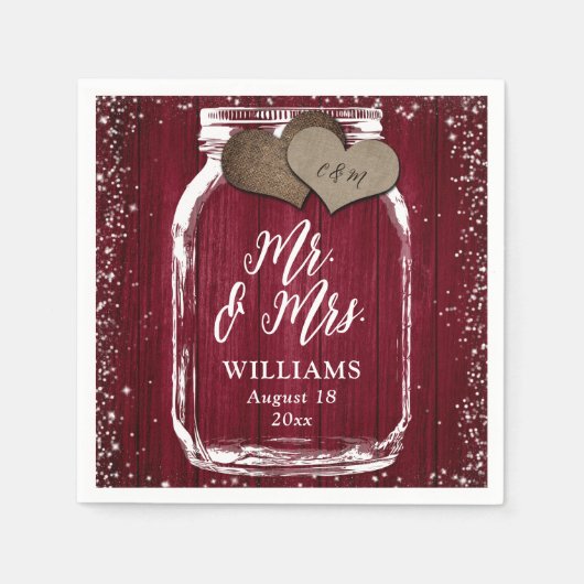 Burgundy Mason Jar Rustic Wood Mr & Mrs Wedding Serviette (Vorderseite)