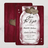 Burgundy Mason Jar String Lights Barn Wood Wedding Save The Date (Vorne/Hinten)