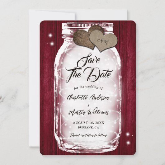 Burgundy Mason Jar String Lights Barn Wood Wedding Save The Date (Vorderseite)