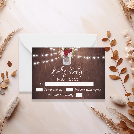 Burgundy Mason Jar Wood Budget Lights Blume UAWG Mitteilungskarte