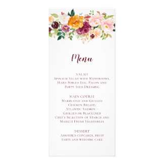 Burgundy Mauve Blush Saffron Floral Wedding Menu Werbekarte