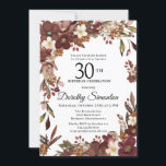 Burgundy Mauve Ivory Fall Floral 30. Geburtstag Einladung<br><div class="desc">Elegante bordeauxfarbene,  violette und elfenbeinweiße Blume schaffen einen sehr hübschen Blumenrahmen. Beeren und Äste geben ihm ein modernes und rustikales Boho-Ambiente. Der Name des Geburtstagsfeiers ist in einem zeitlosen Script-Schriftart geschrieben. Dieser Artikel ist Teil der Sammlung Burgund,  Mauve und White Floral.</div>