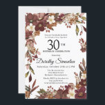 Burgundy Mauve Ivory Fall Floral 30. Geburtstag Einladung<br><div class="desc">Elegante bordeauxfarbene,  violette und elfenbeinweiße Blume schaffen einen sehr hübschen Blumenrahmen. Beeren und Äste geben ihm ein modernes und rustikales Boho-Ambiente. Der Name des Geburtstagsfeiers ist in einem zeitlosen Script-Schriftart geschrieben. Dieser Artikel ist Teil der Sammlung Burgund,  Mauve und White Floral.</div>