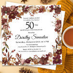 Burgundy Mauve Ivory Fall Floral 50th Birthday Einladung<br><div class="desc">Elegant burgundy red,  mauve pink and ivory white fall flowers create a very pretty floral frame. Berries and branches give it a modern and rustic Boho vibe. The birthday celebrant's name is written in a timeless script font. This item is part of the Burgundy,  Mauve and White Floral collection.</div>