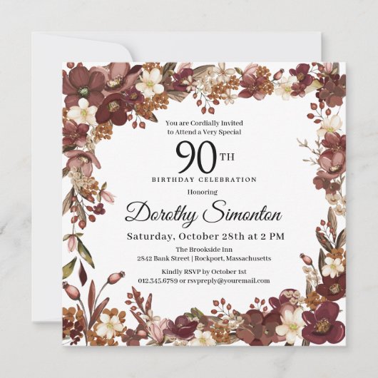 Burgundy Mauve Ivory Fall Floral 90th Birthday Einladung (Vorderseite)